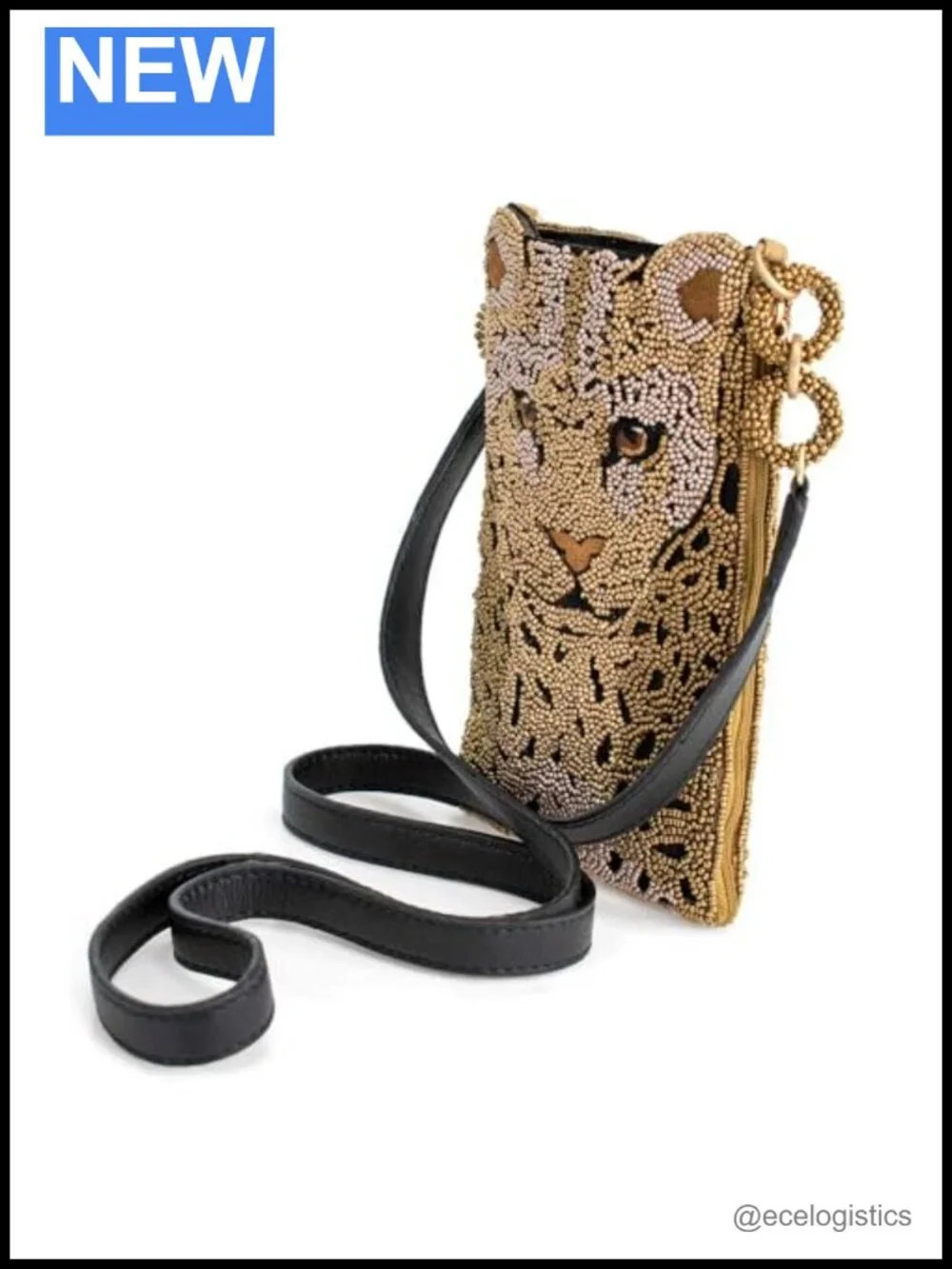 Beaded Leopard Crossbody Cell Phone Bag with Zipper Pocket, Leather Strap